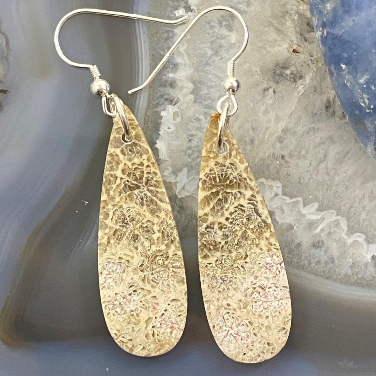 Sterling Silver Teardrop Fossilized Coral Slab Dangle Earrings For Women #067