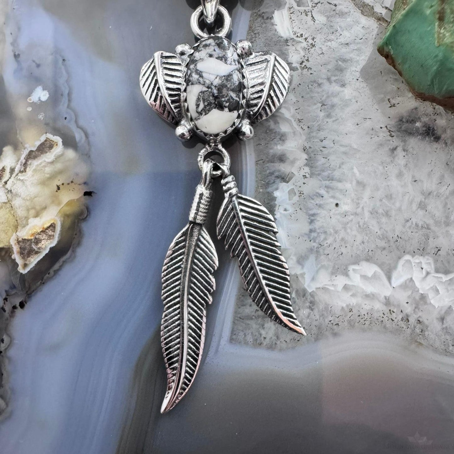 Sterling Silver Southwestern Style White Buffalo Feathers w/Leaves Pendant For Women