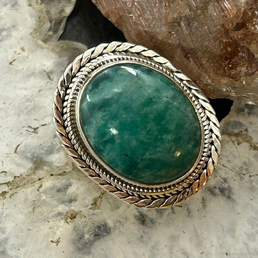Sterling Silver Southwestern Style Oval Amazonite Decorated Ring Size 7 For Women