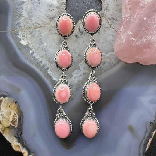 Native American Sterling  Silver 4 Oval Pink Conch Decorated Dangle Earrings For Women