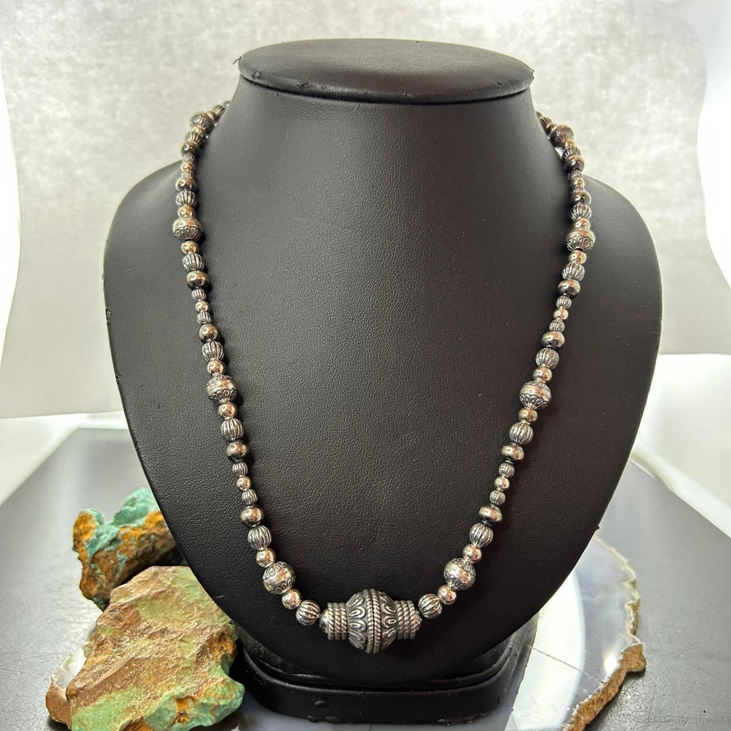 Carolyn Pollack Sterling Silver Decorated 3mm-8mm Graduated Beaded Necklace For Women