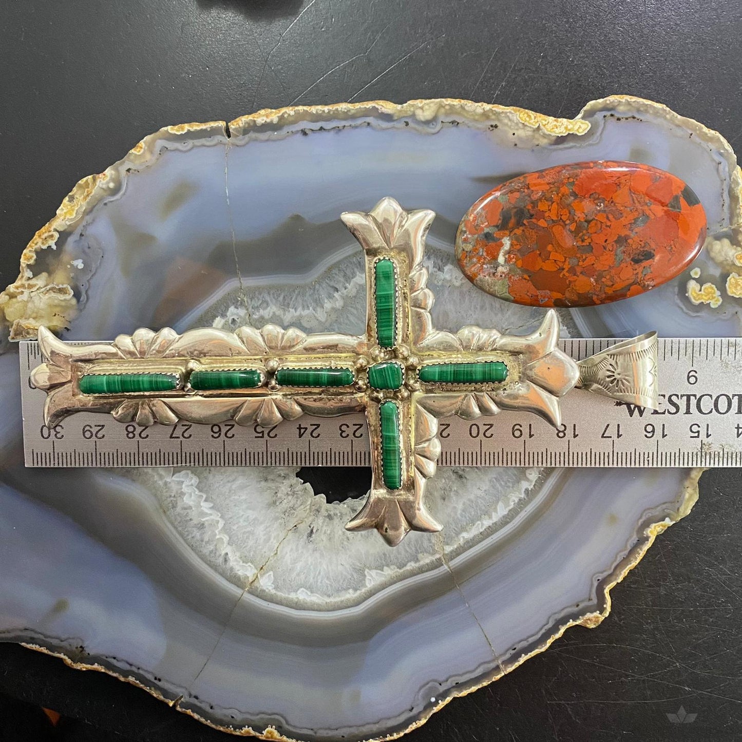 G & L Leekity Vintage Sterling Silver Sandcast Malachite Unisex Cross Pendant
