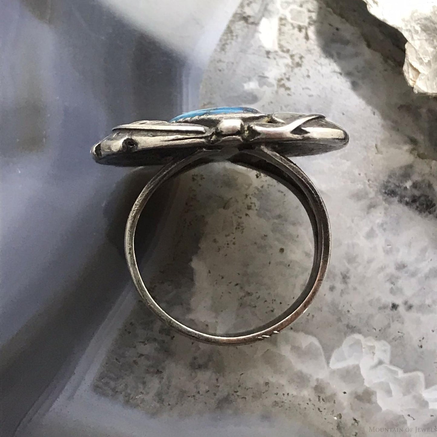 Vintage Native American Silver Natural Turquoise Floral Ring Size 6.5 For Women