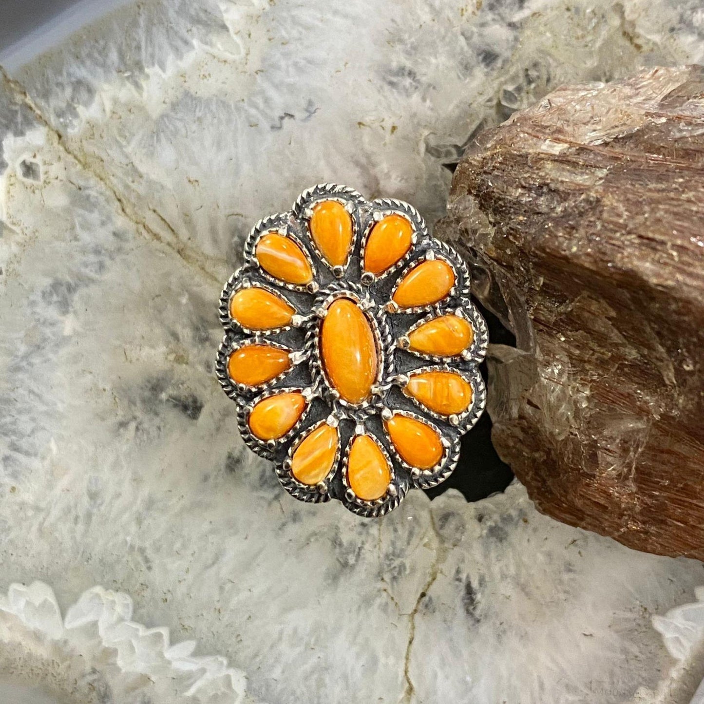 Carolyn Pollack Southwestern Style Sterling Silver Orange Spiny Oyster Decorated Cluster Ring For Women