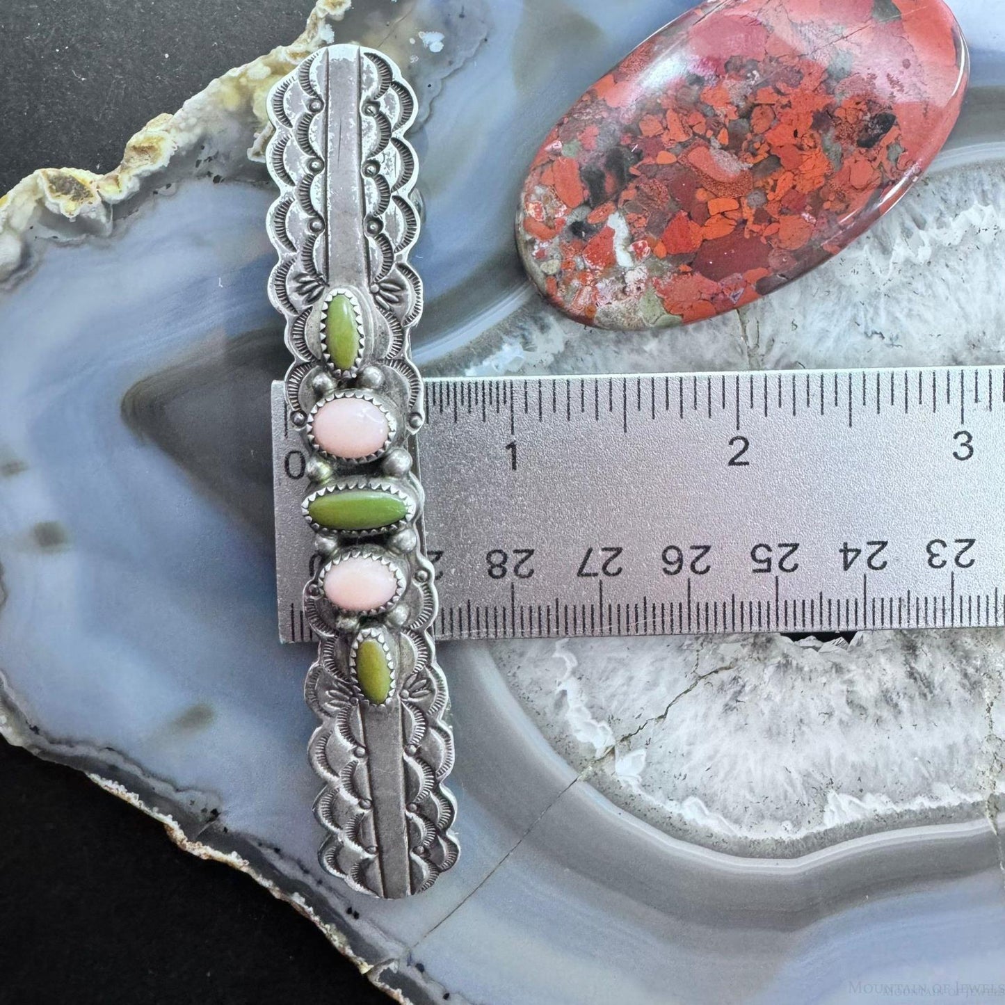 Ron Wesley Vintage Silver Green Turquoise & Angel Skin Coral Hair Barrette