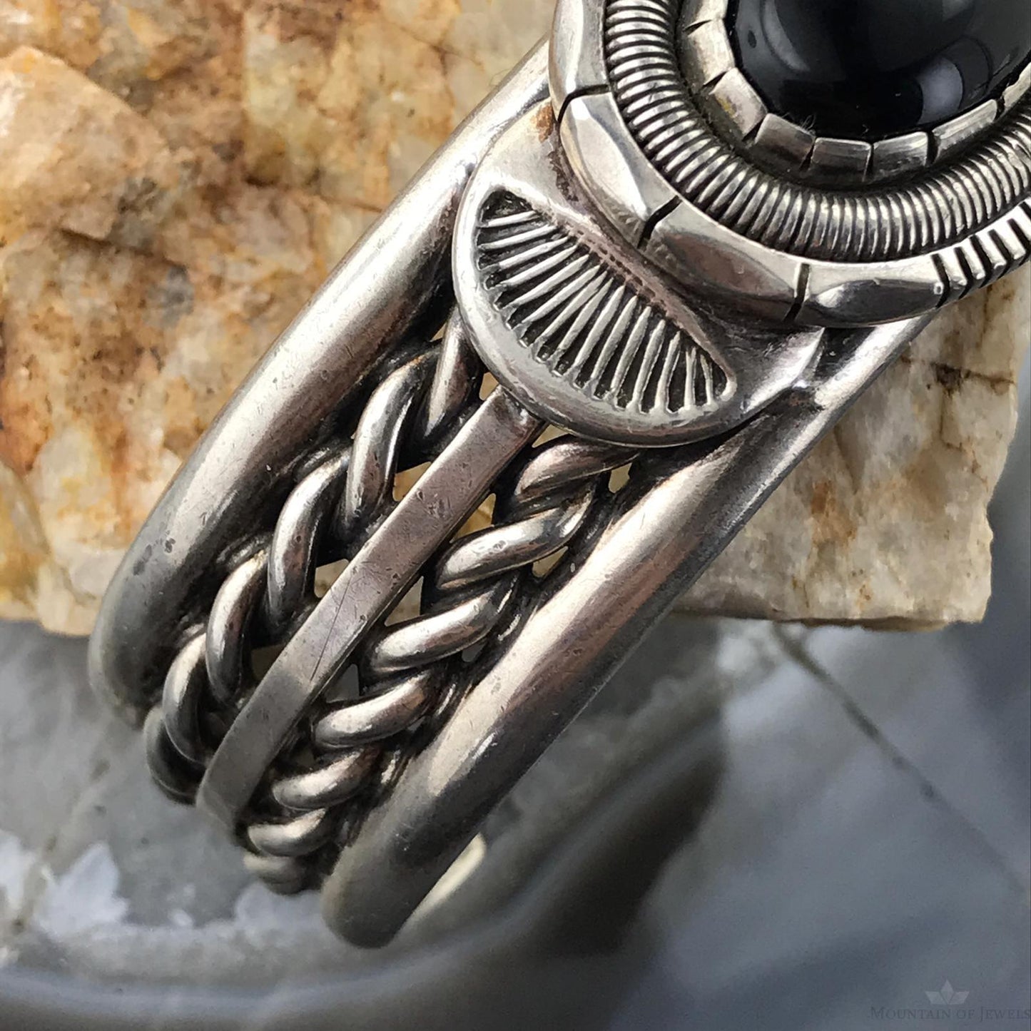 Wilbert Vandever Native American Sterling Silver Engraved Oval Onyx Bracelet