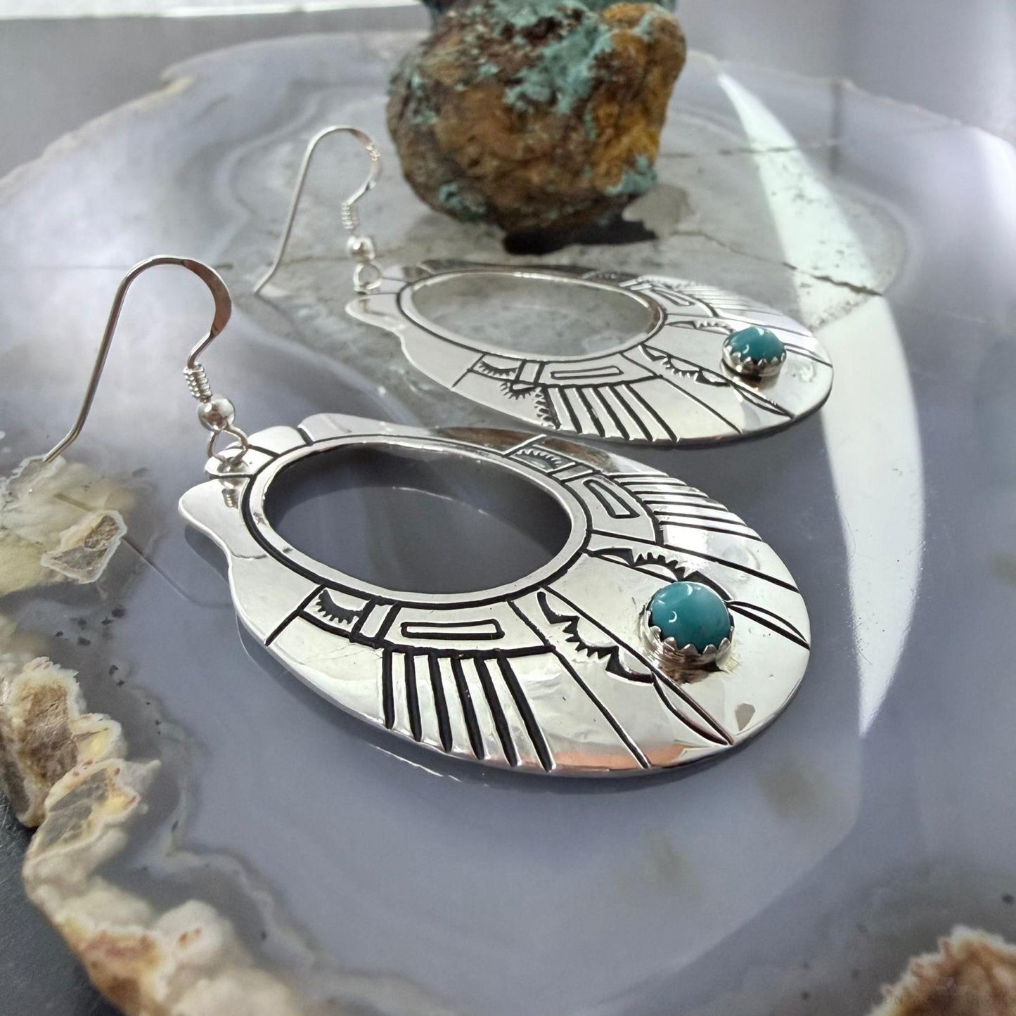 Tommy & Rosita Singer Sterling Silver Dot Turquoise Engraved Dangle Earrings For Women