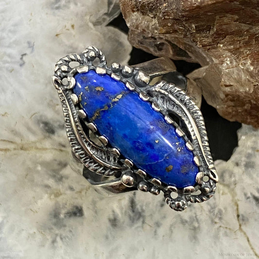 Carolyn Pollack Southwestern Style Sterling Silver Marquise Denim Lapis Decorated Ring For Women, Variety of Sizes