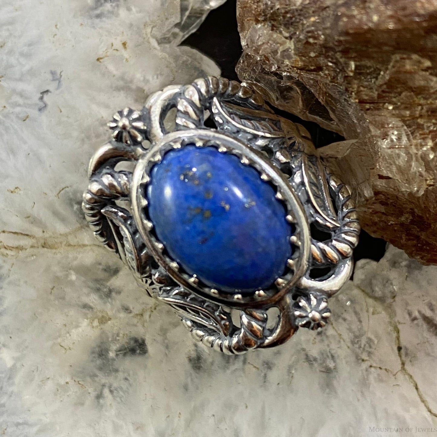 Carolyn Pollack Southwestern Style Sterling Silver Oval Denim Lapis Decorated Ring For Women