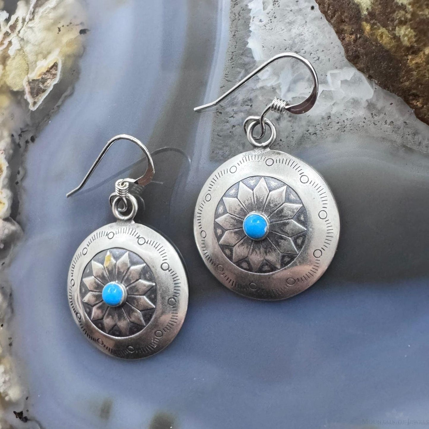 Native American Sterling Silver Turquoise Dot Stamped Concho Dangle Earrings For Women