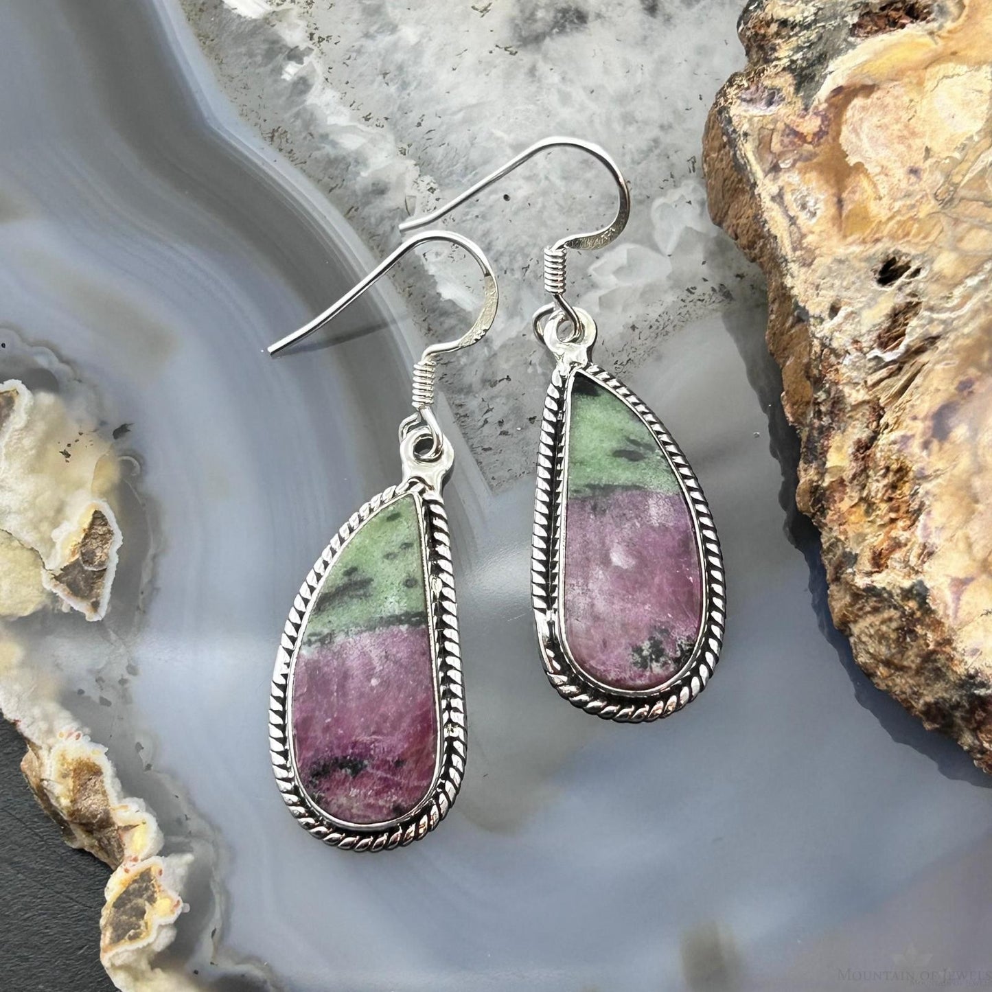 Sterling Silver Southwestern Style Paisley Ruby Zoisite Dangle Earrings For Women