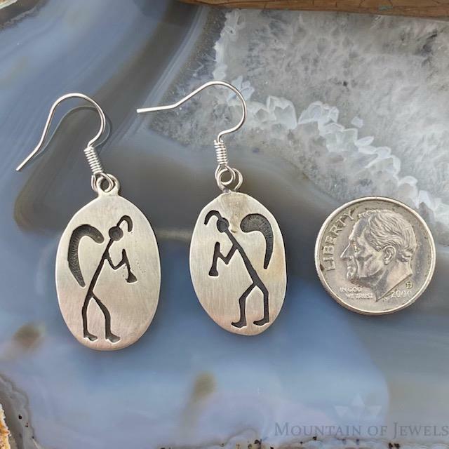 Native American Silver Oval Kokopelli Illustration Dangle Earrings