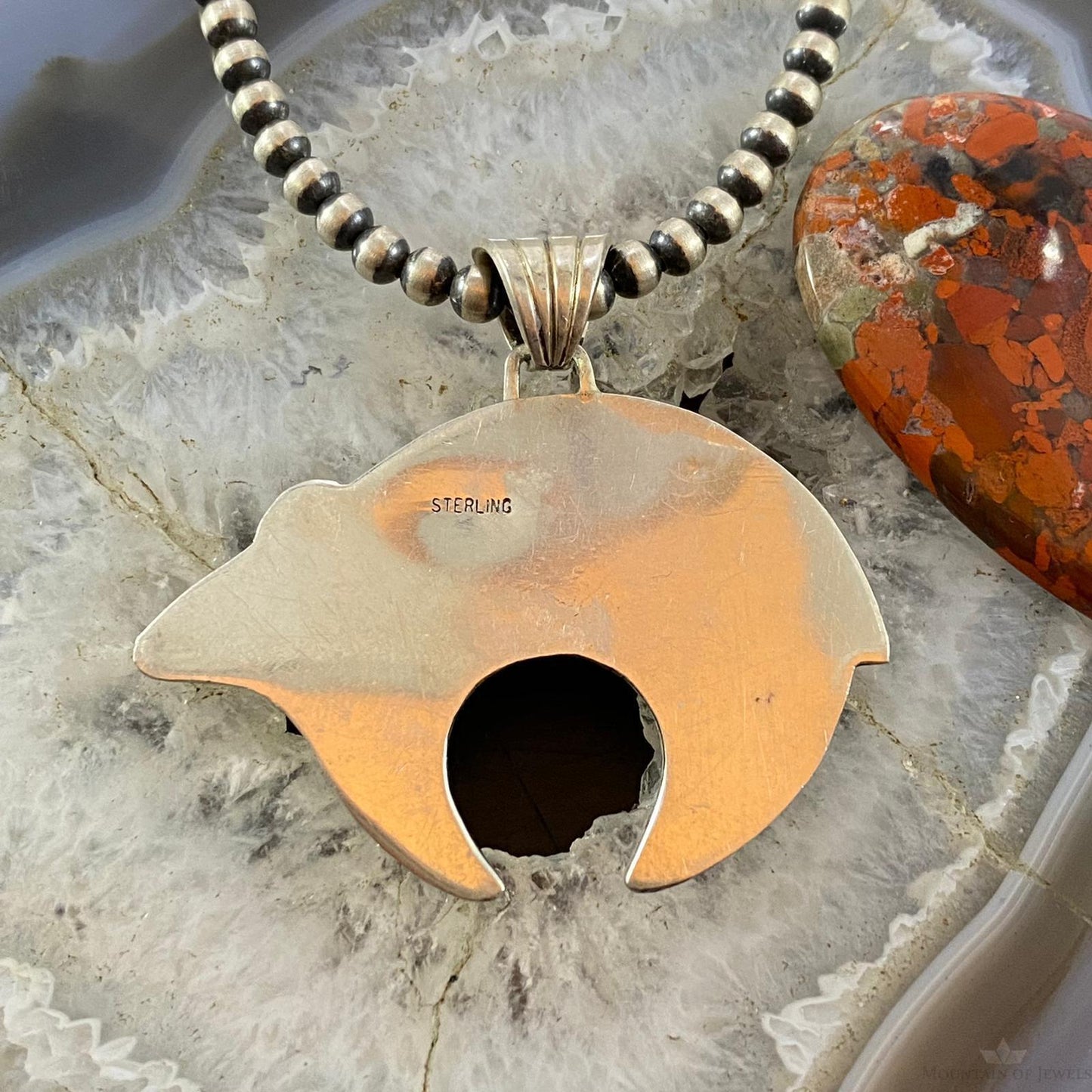 Native American Sterling Silver Fetish Bear with Oval Lapis Pendant For Women
