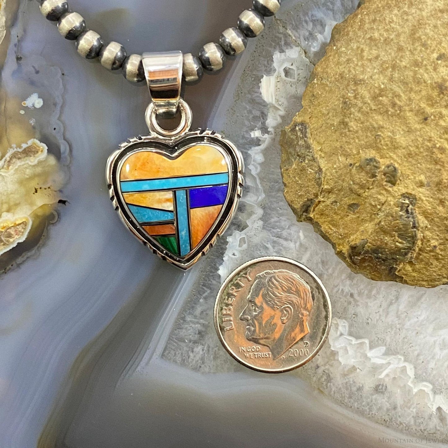 Native American Sterling Silver Heart Shape Multi Stone Inlay Pendant For Women
