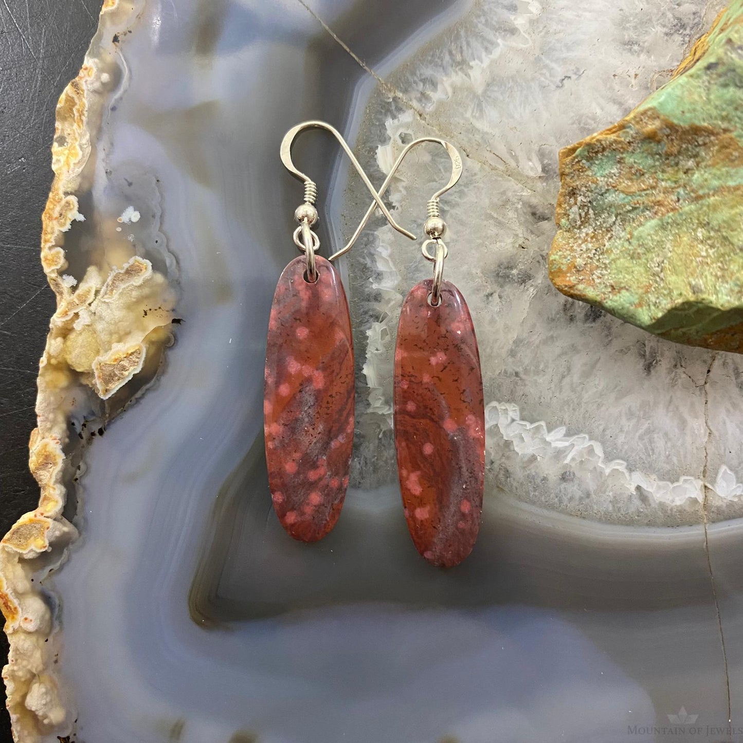 Sterling Silver Oval River Jasper Slab Dangle Earrings For Women