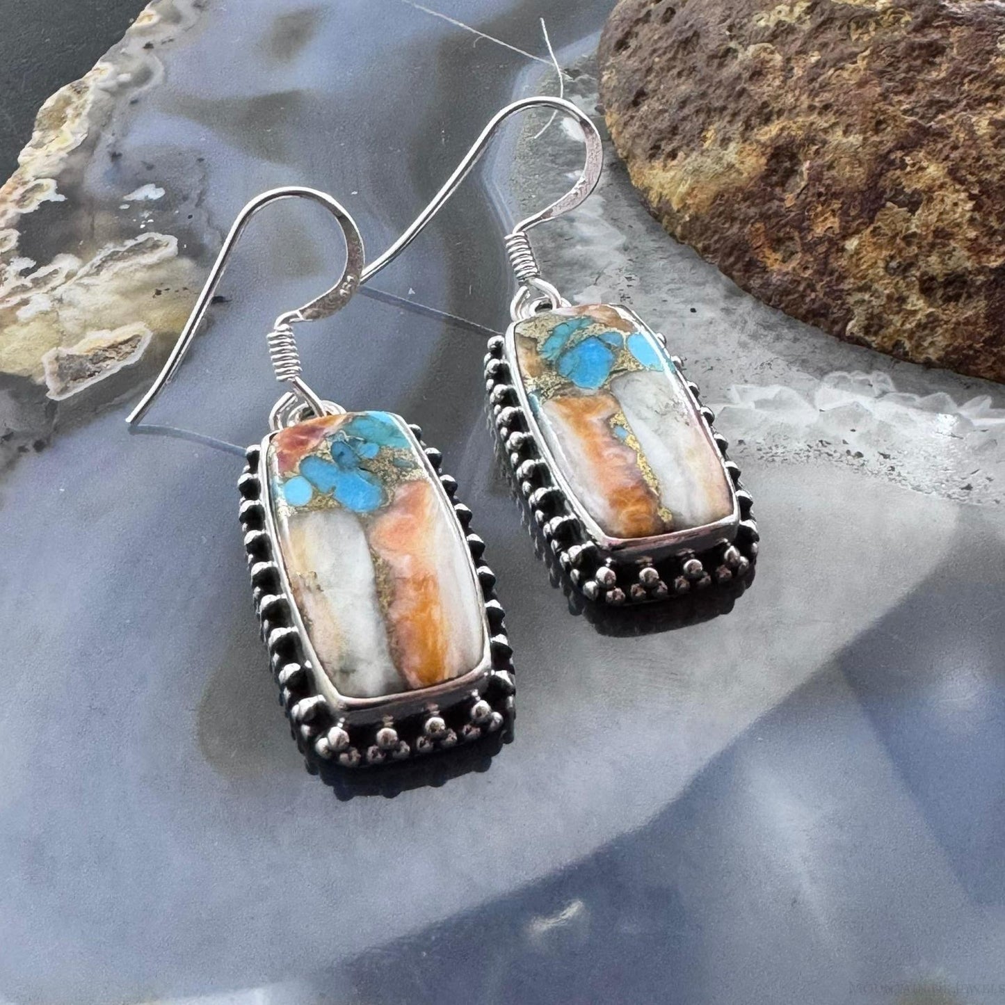 Sterling Silver Southwestern Style Rectangle Spiny & Turquoise Dangle Earrings For Women