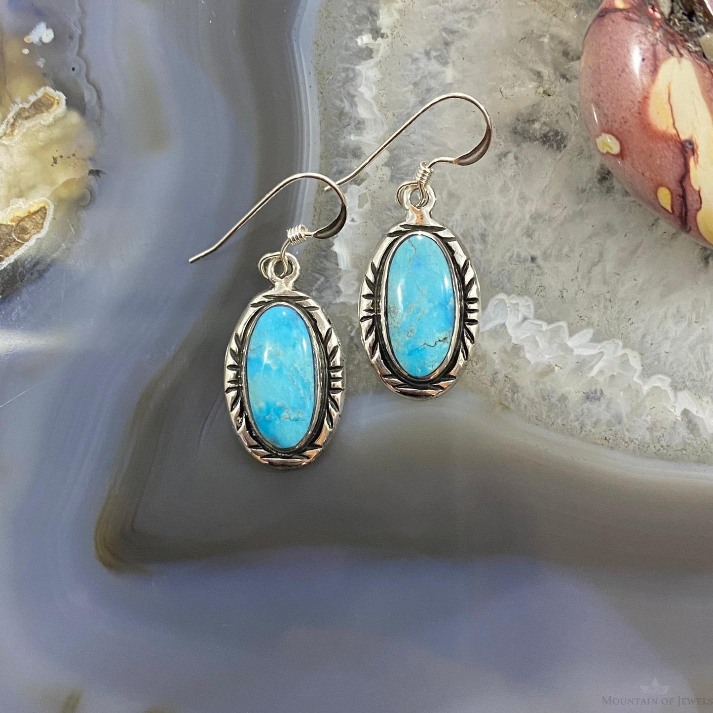 Native American Sterling Oval Blue Ridge Turquoise Dangle Earrings For Women