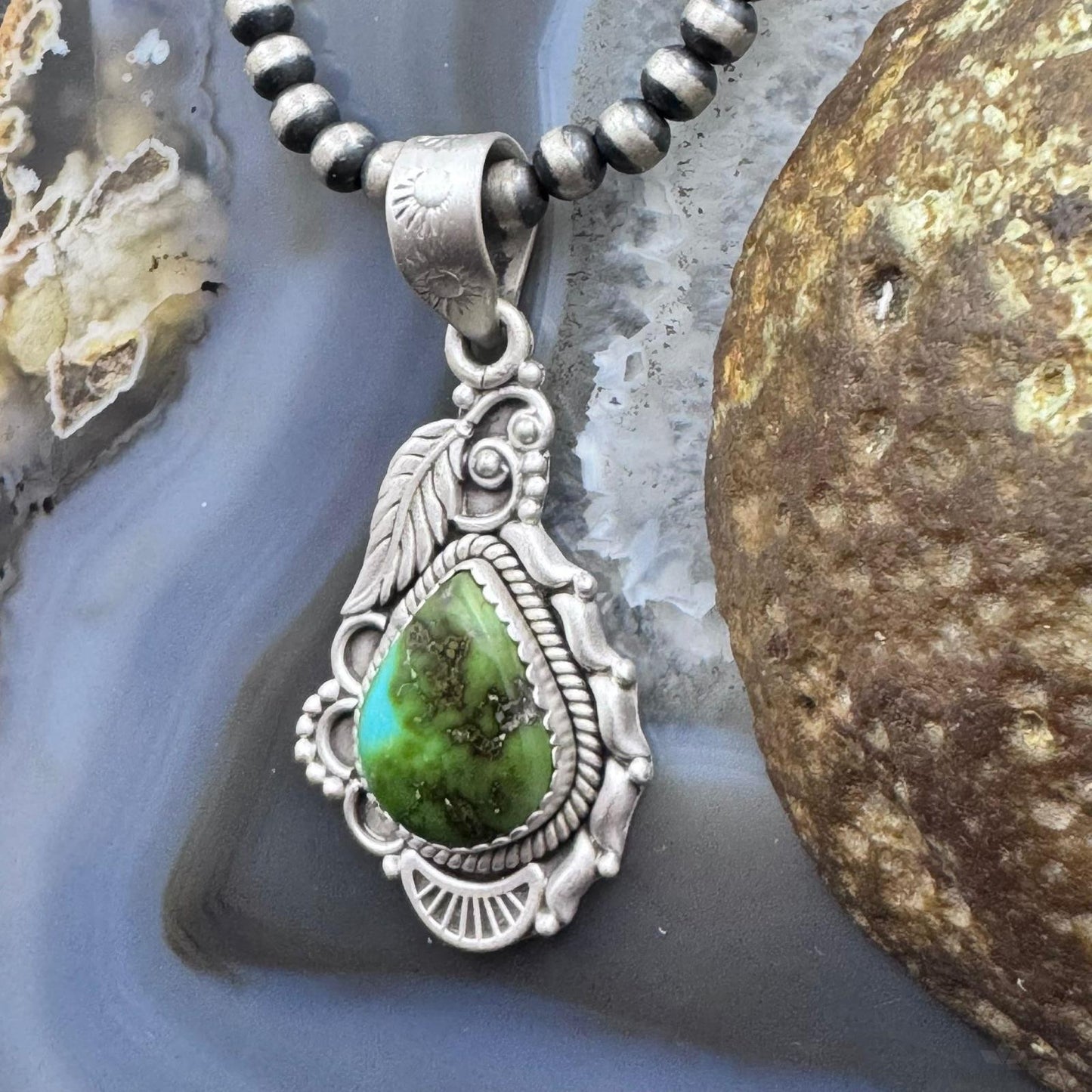 Sterling Silver Southwestern Style Teardrop Sonora Gold Turquoise Decorated Pendant For Women