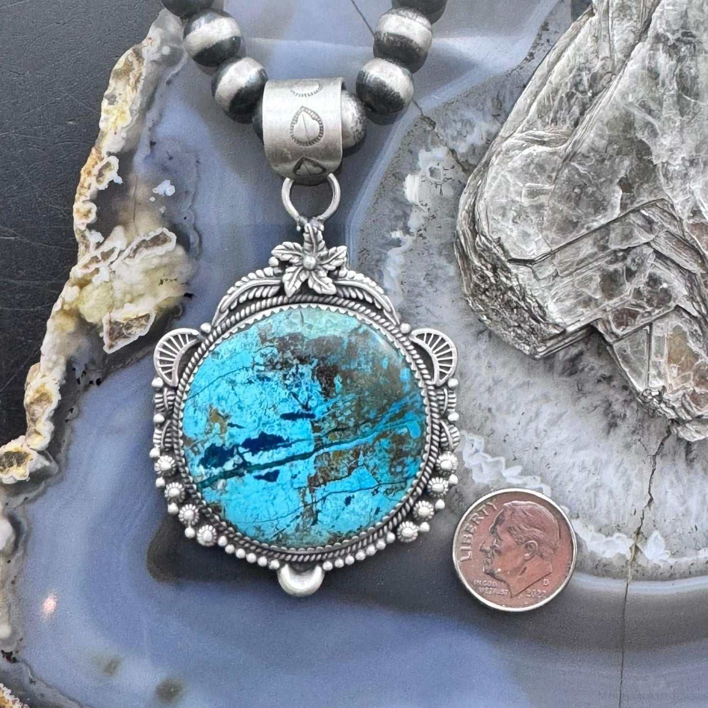 Sterling Silver Southwestern Style Large Round Chrysocolla Decorated Pendant For Women