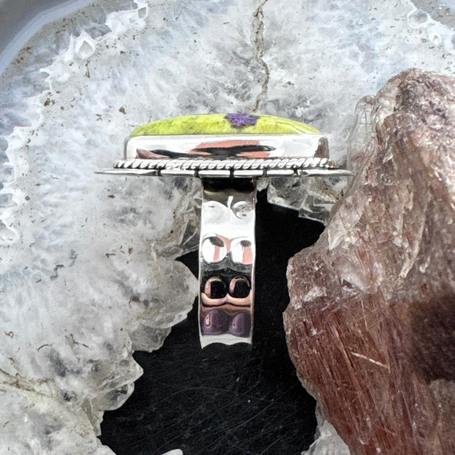 Sterling Silver Southwestern Style Atlantisite Decorated Bar Ring Size 8.5 For Women