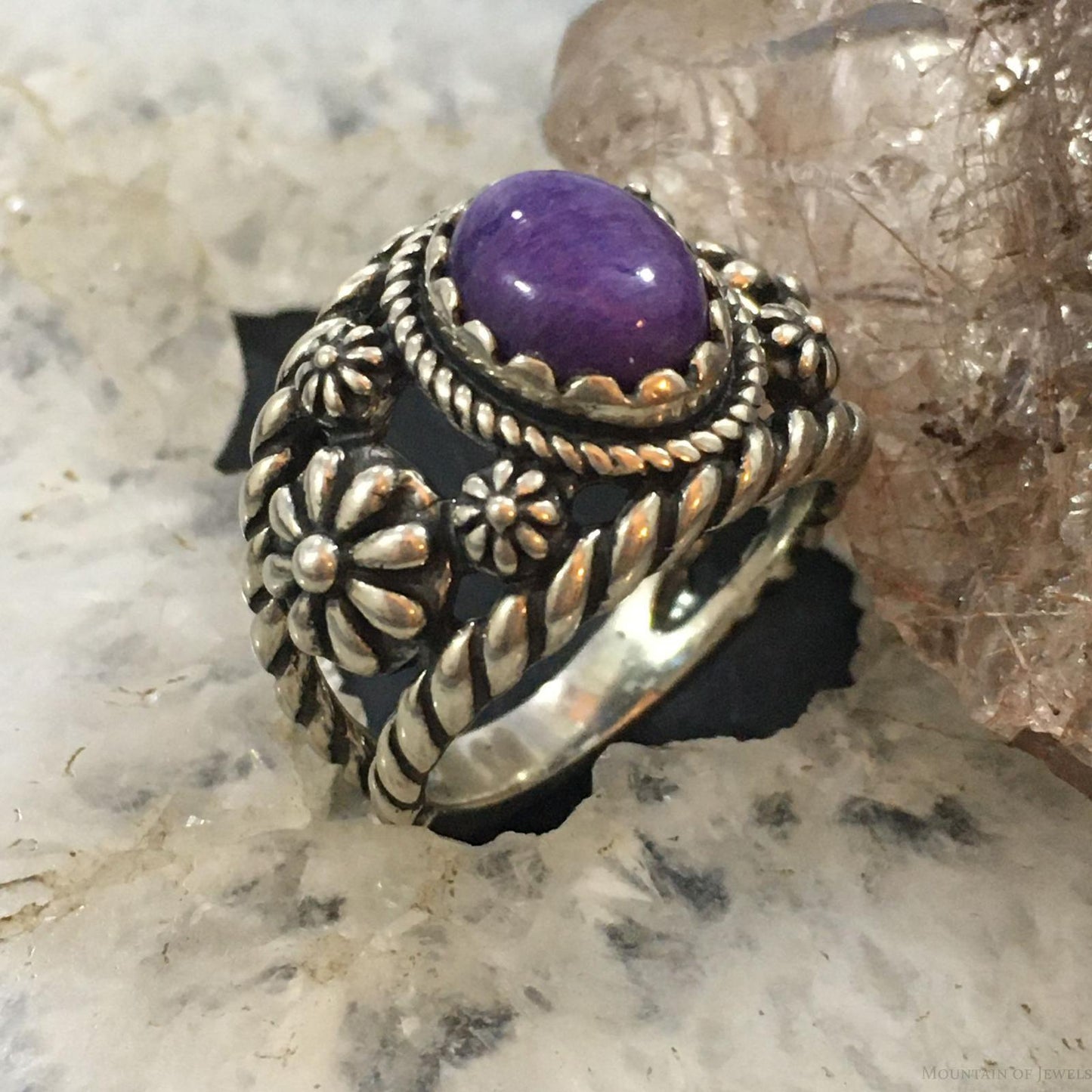 Carolyn Pollack Vintage Southwestern Style Sterling Silver Oval Charoite Decorated Ring For Women