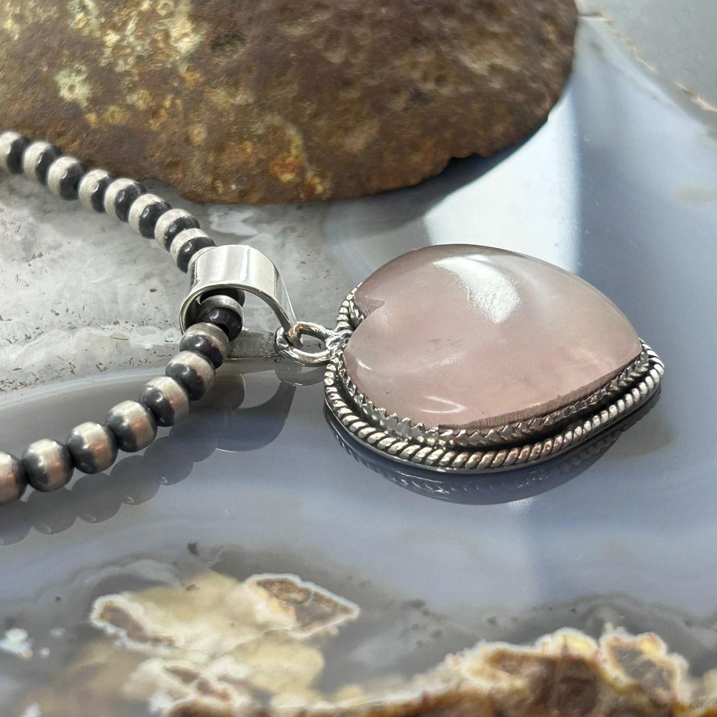 Sterling Silver Southwestern Style Rose Quartz Heart Pendant For Women #1