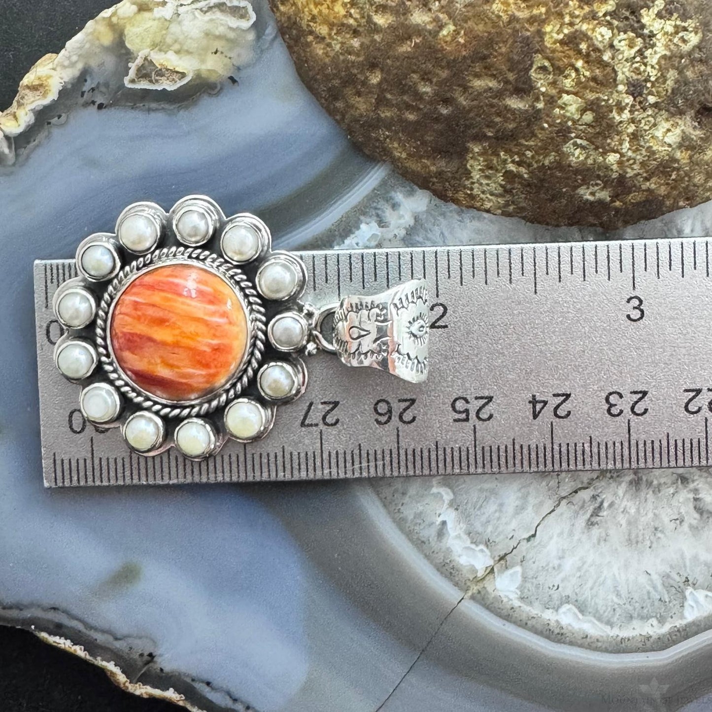 Native American Sterling Silver Spiny Oyster w/Pearls Cluster Pendant For Women