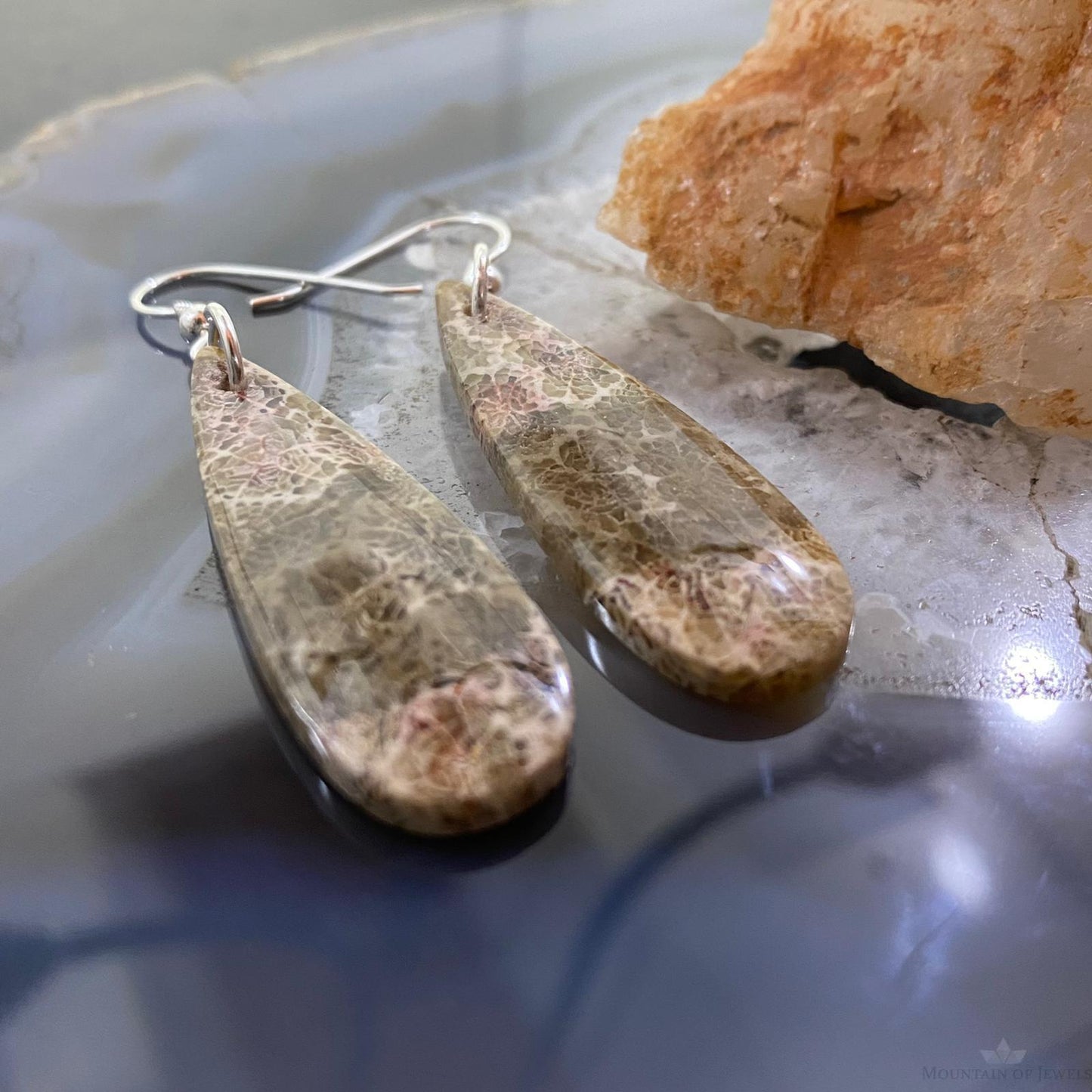 Sterling Silver Teardrop Fossilized Coral Slab Dangle Earrings For Women #056