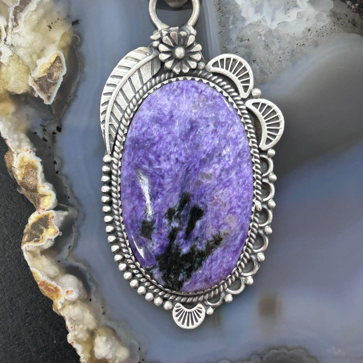 Sterling Silver Southwestern Style Oval Charoite Leaf Decorated Pendant For Women