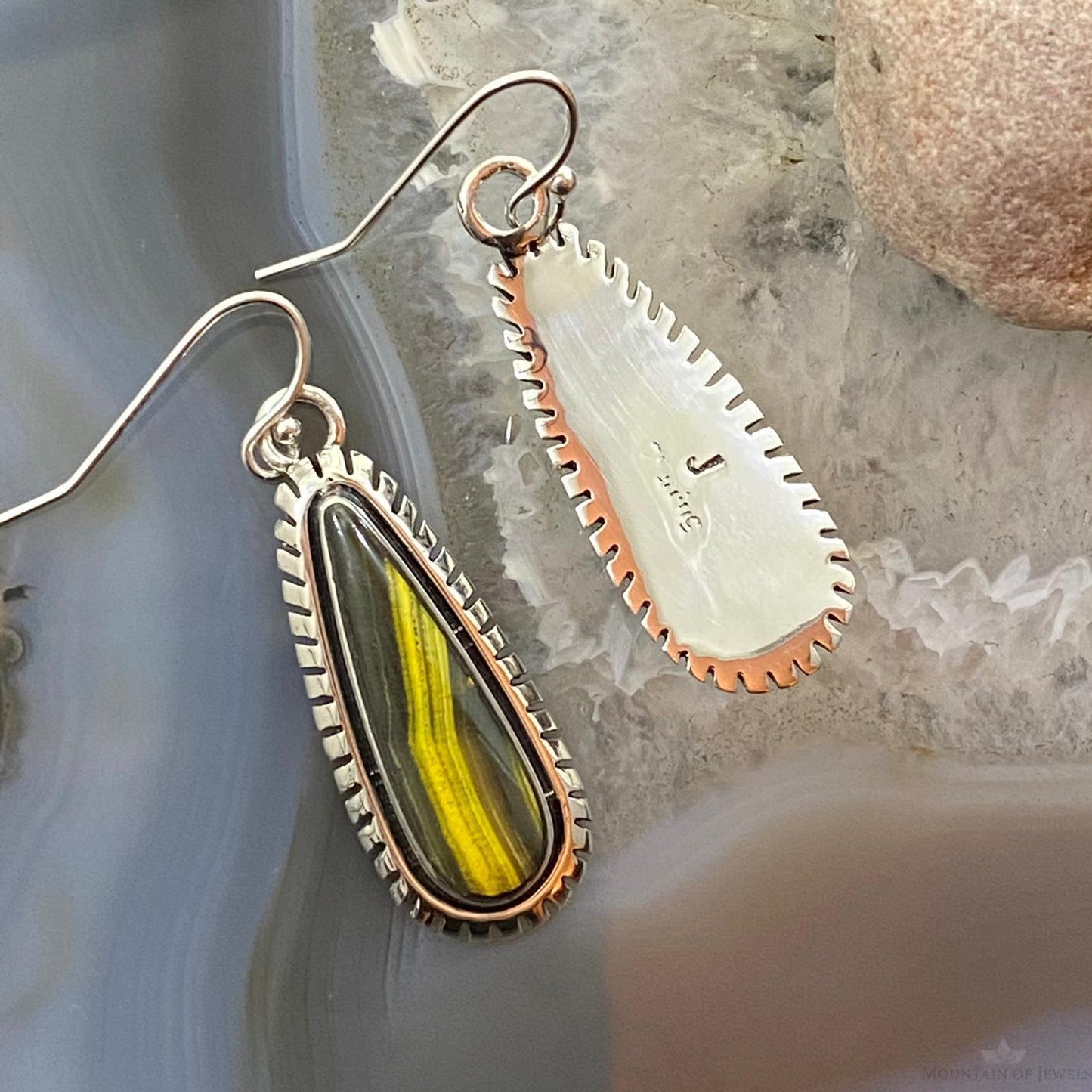 Native American Sterling Silver Teardrop Unique Bumblebee Jasper Dangle Earrings