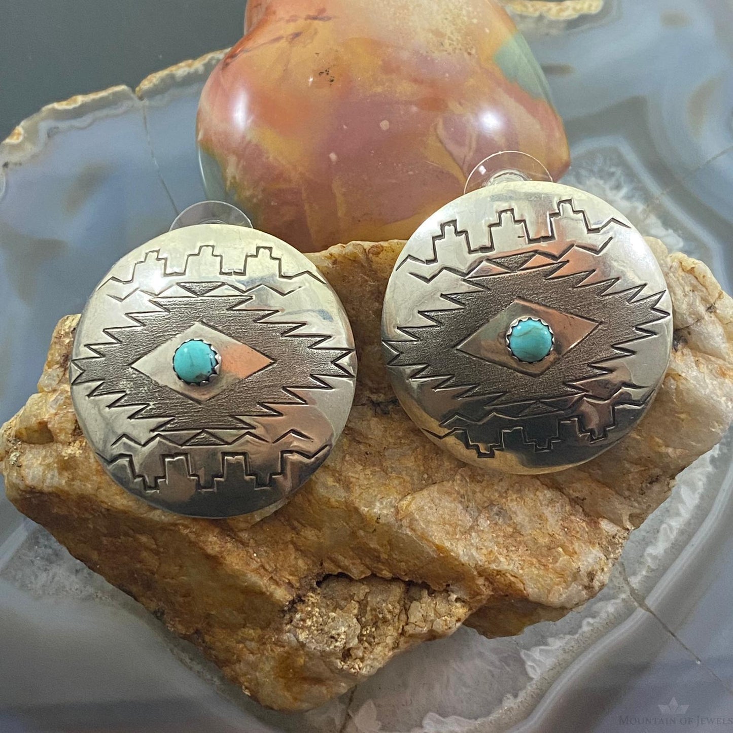 Vintage Native American Sterling Stamped Round Turquoise Stud Earrings For Women
