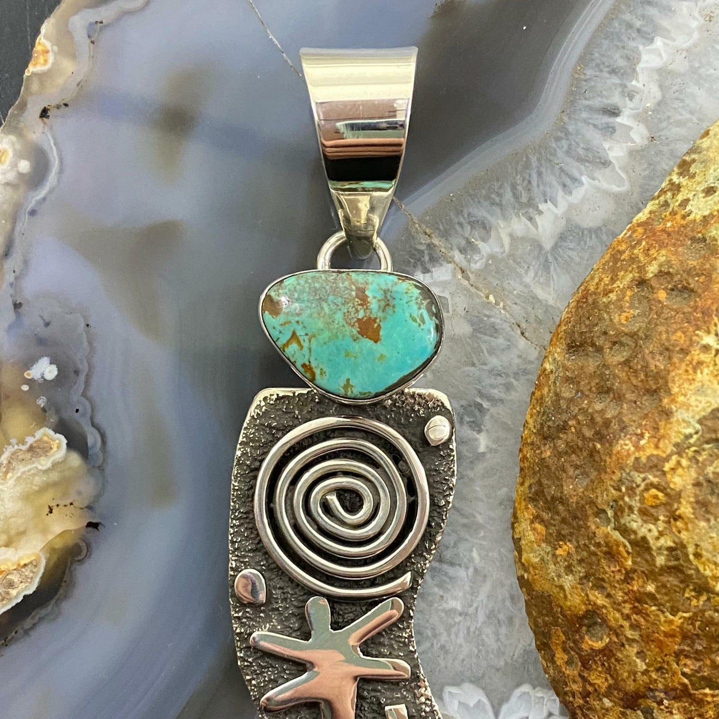 Alex Sanchez Sterling Silver Petroglyph & Turquoise Long Unisex Pendant