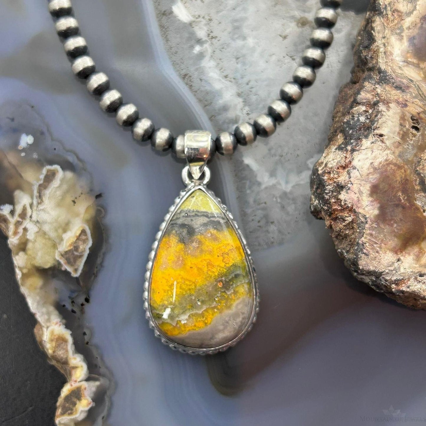 Sterling Silver Southwestern Style Teardrop Yellow Jasper Pendant For Women