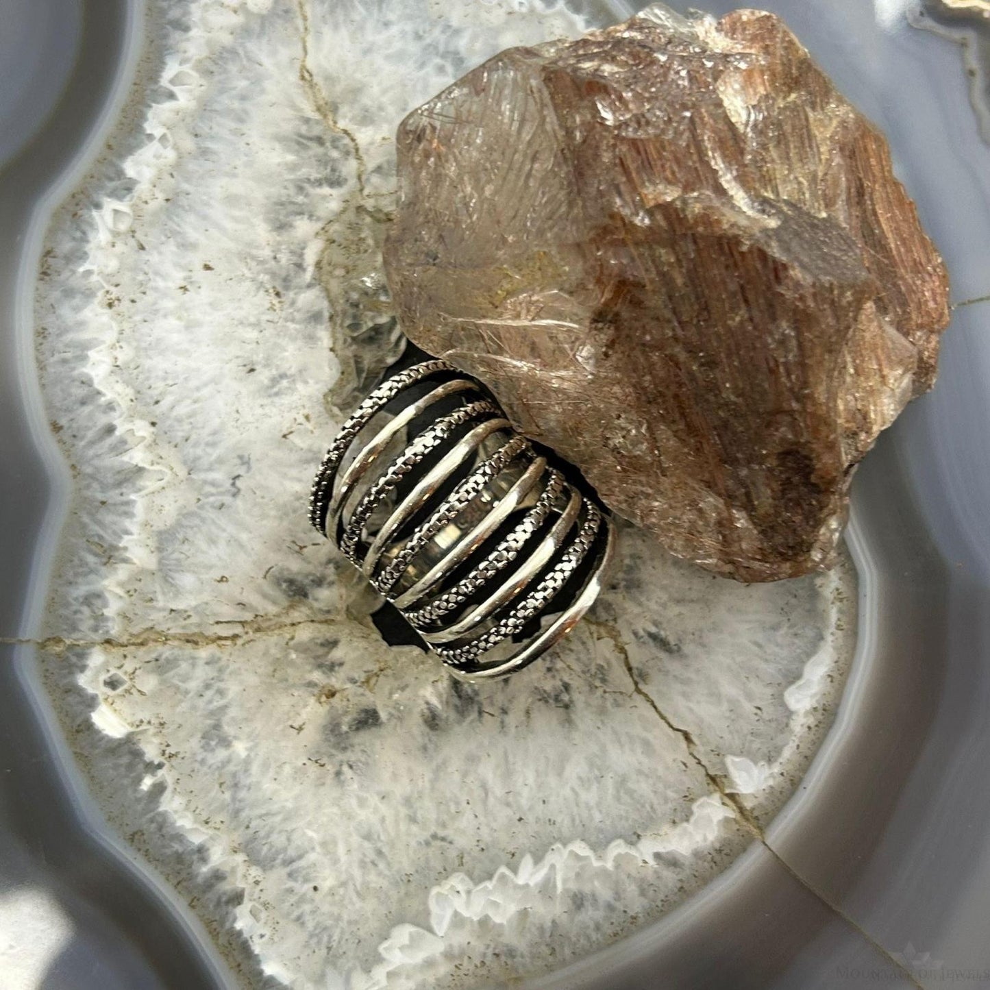 Sterling Silver Stripes Stacked Dome Modern Ring For Women, Taxco Mexico