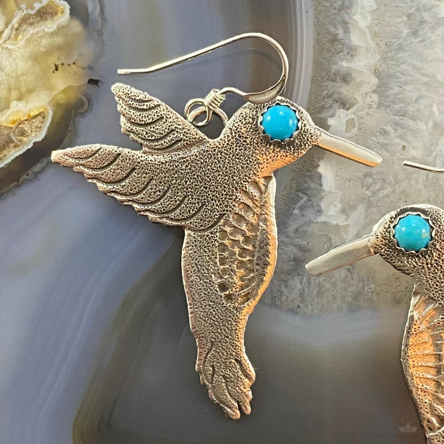Brad Panteah Native American Sterling Turquoise Hummingbird Dangle Earrings