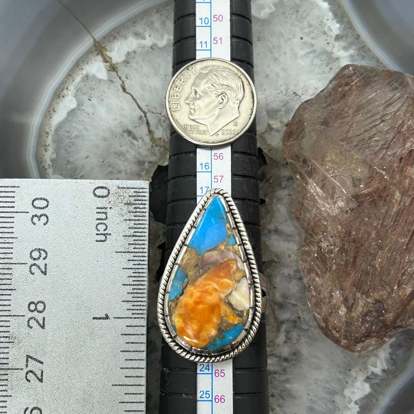 Sterling Silver Southwestern Style Teardrop Turquoise Spiny Oyster Ring Size 10 For Women