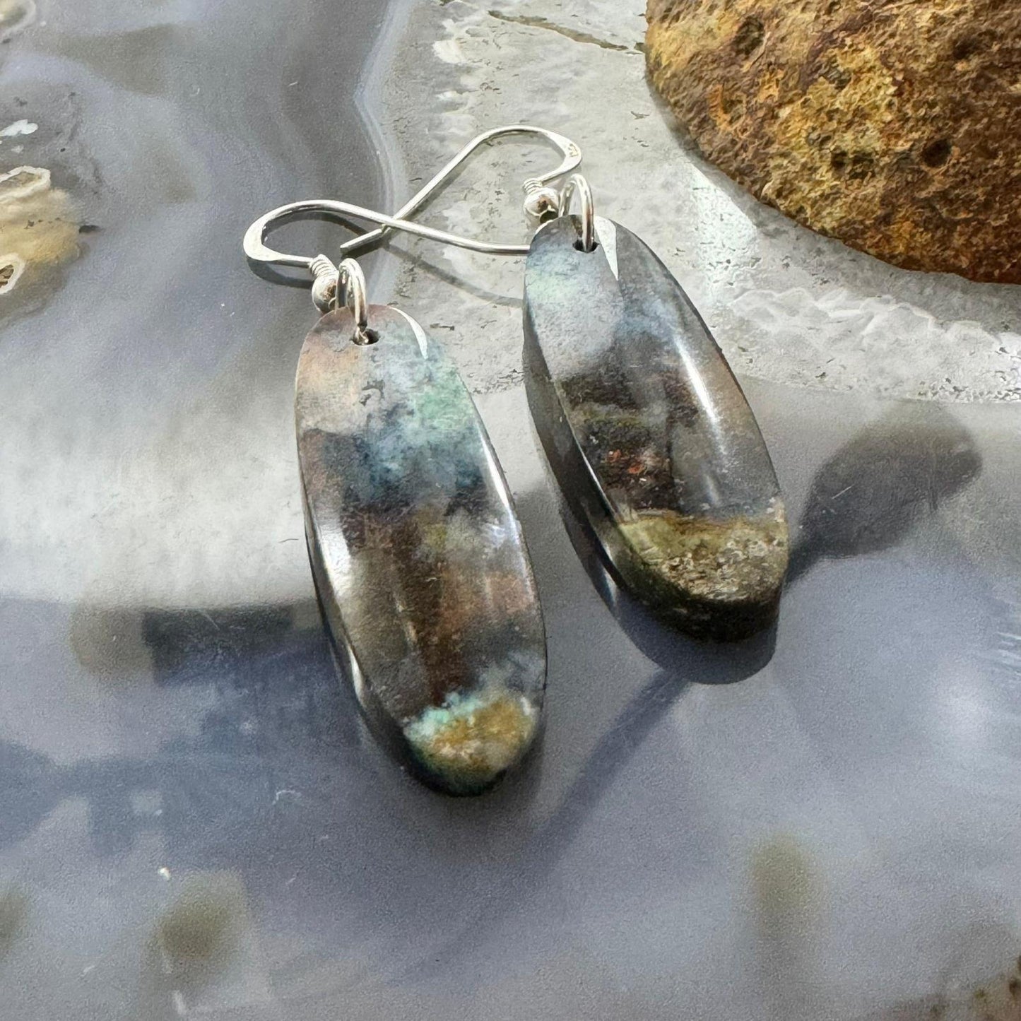 Sterling Silver Elongated Oval Chrysocolla Slab Dangle Earrings For Women #354