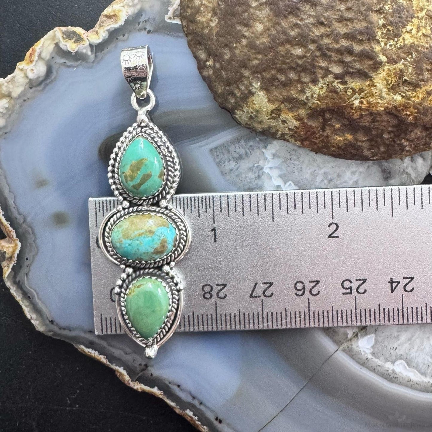Sterling Silver Southwestern Style 3 Turquoise Decorated Pendant For Women