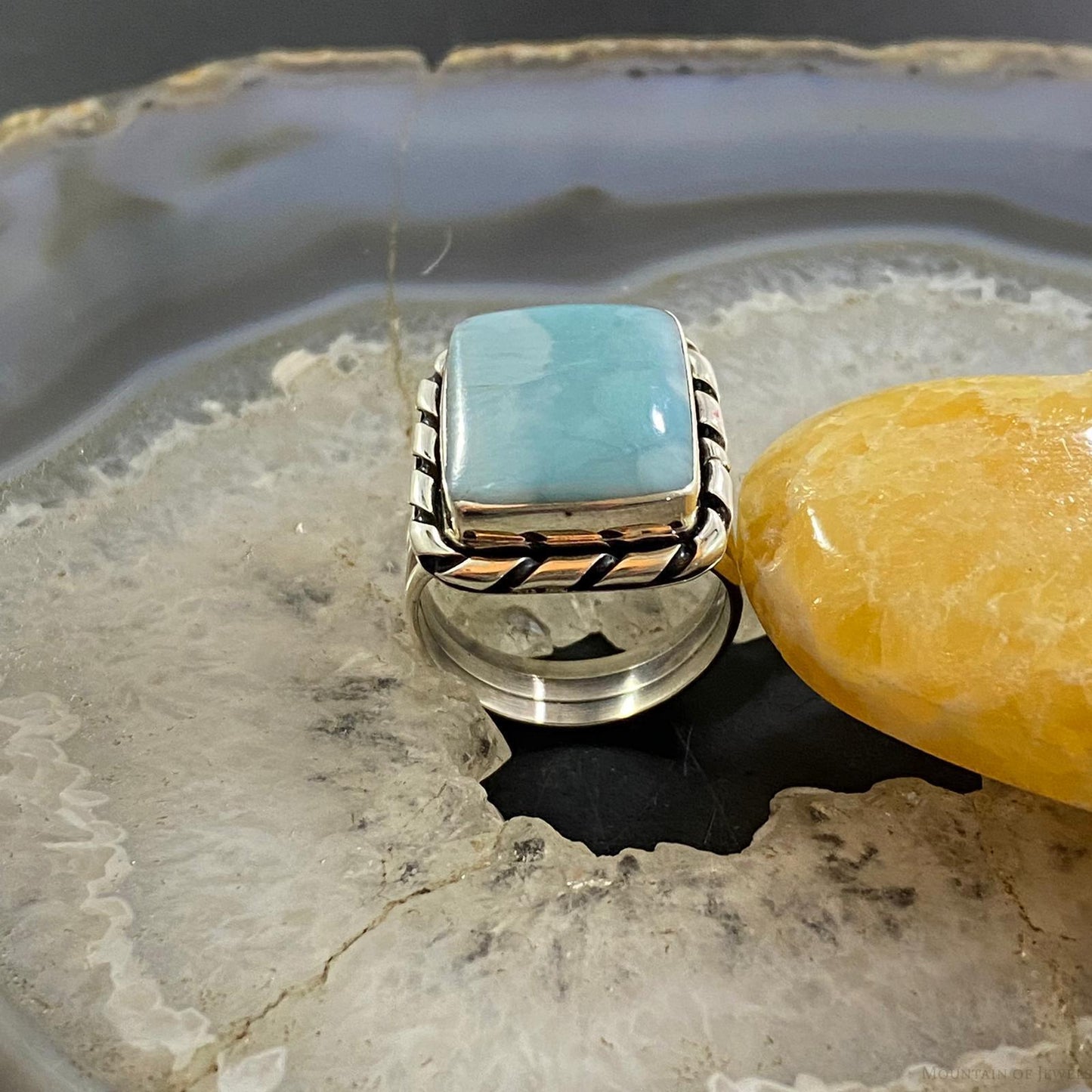 Native American Sterling Silver Larimar Rectangle Bar Ring Size 8.5 For Women