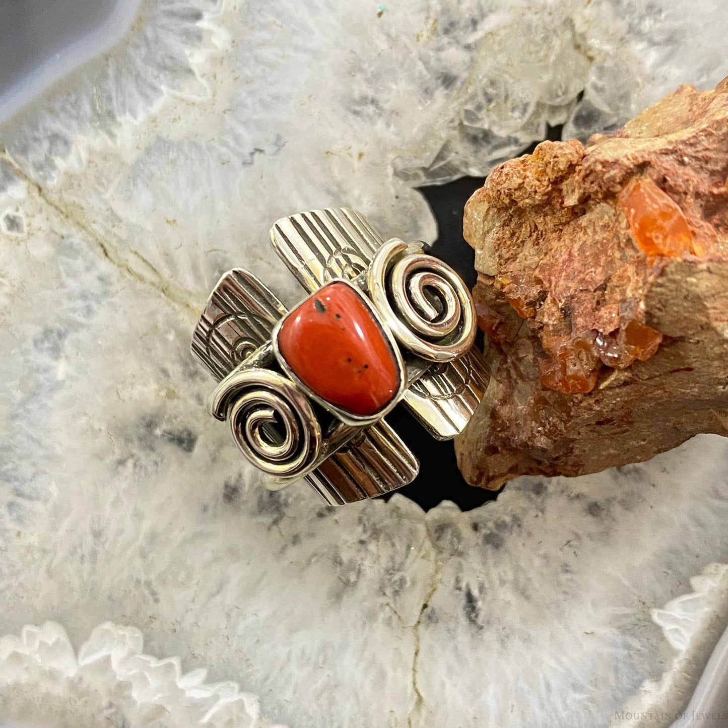 Alex Sanchez Sterling Silver Coral Unique Petroglyph Band Ring Sz 5.5 For Women