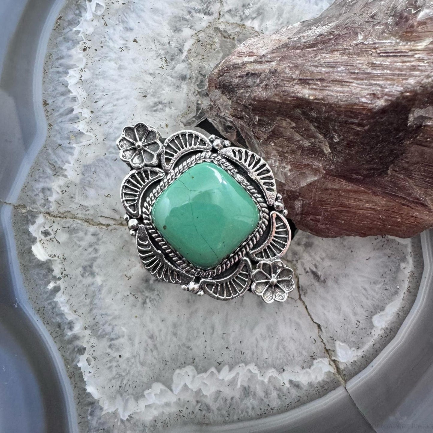 Sterling Silver Southwestern Style Square Green Turquoise Adjustable Decorated Ring For Women