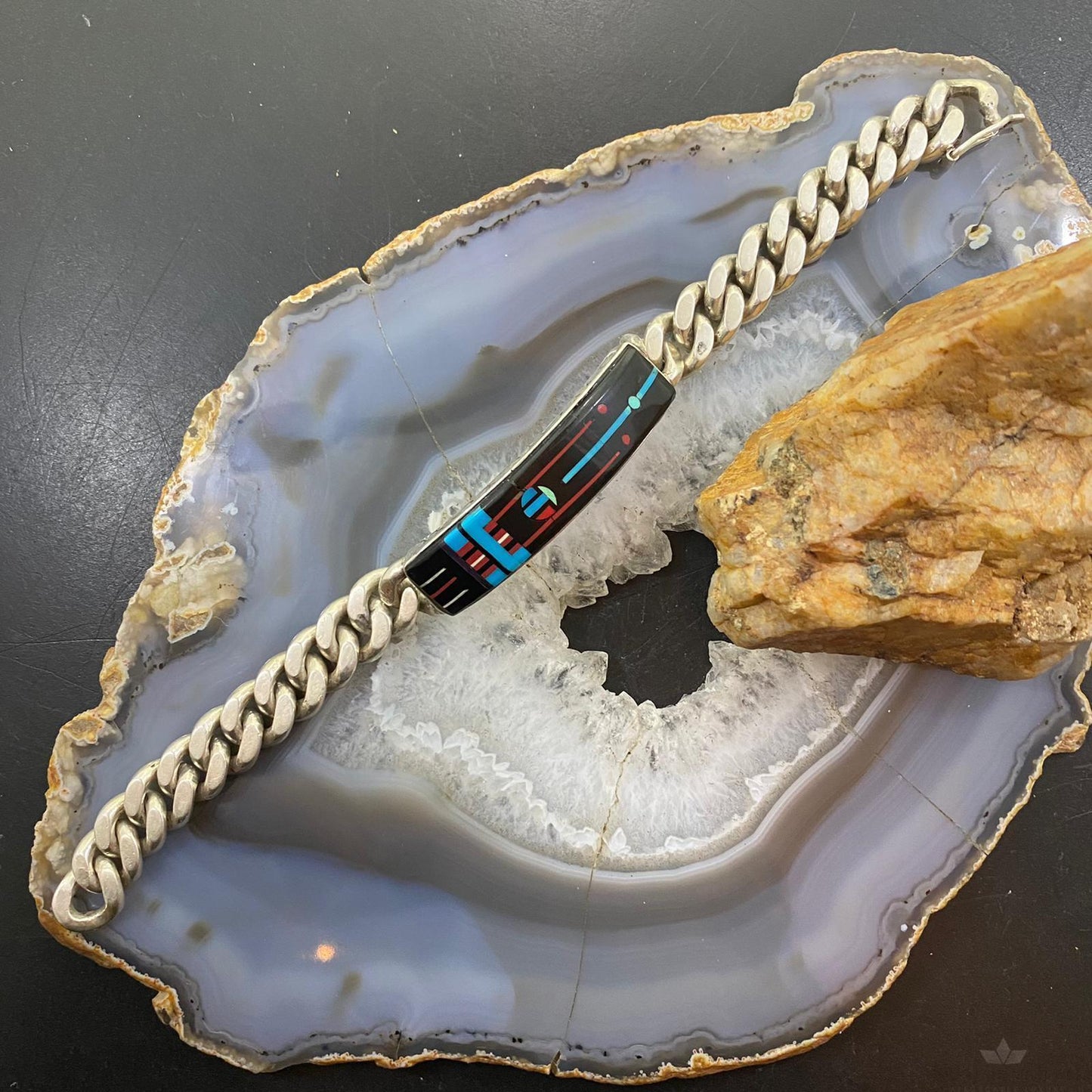 Signed Vintage Native American Silver Multi Stone Inlay Tennis Bracelet For Men