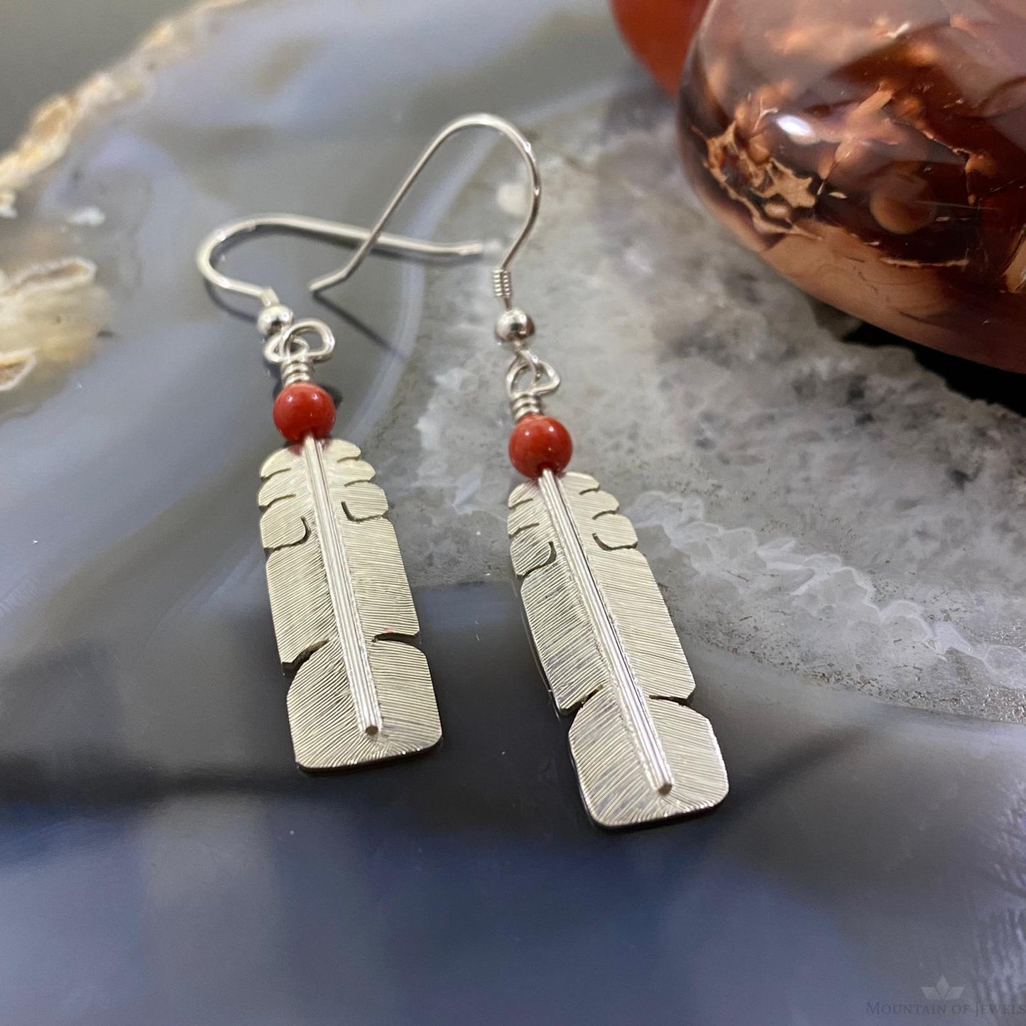 David Kuticka Native American Sterling Silver Feather w/Coral Dangle Earrings #2