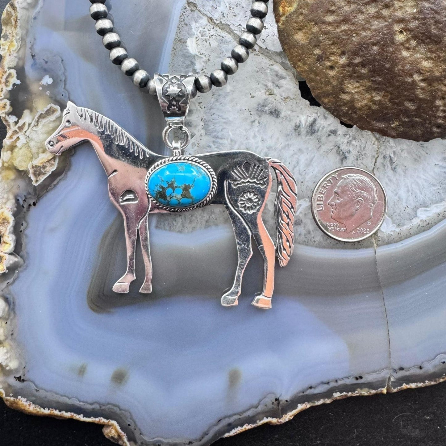 Sterling Silver Turquoise Stamped Indigenous Symbols Horse Unisex Pendant