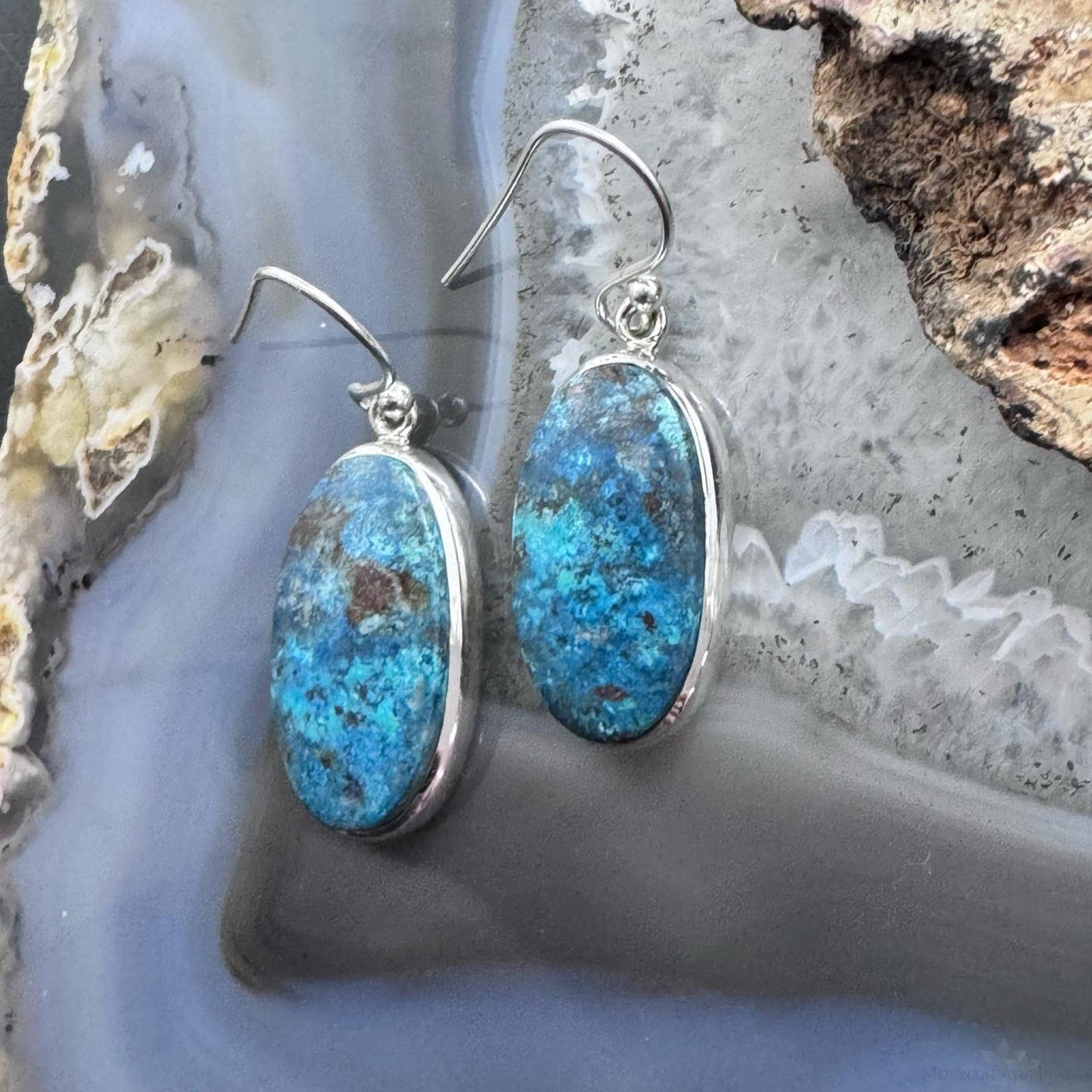 Sterling Silver Southwestern Style Oval Shattuckite Dangle Earrings For Women