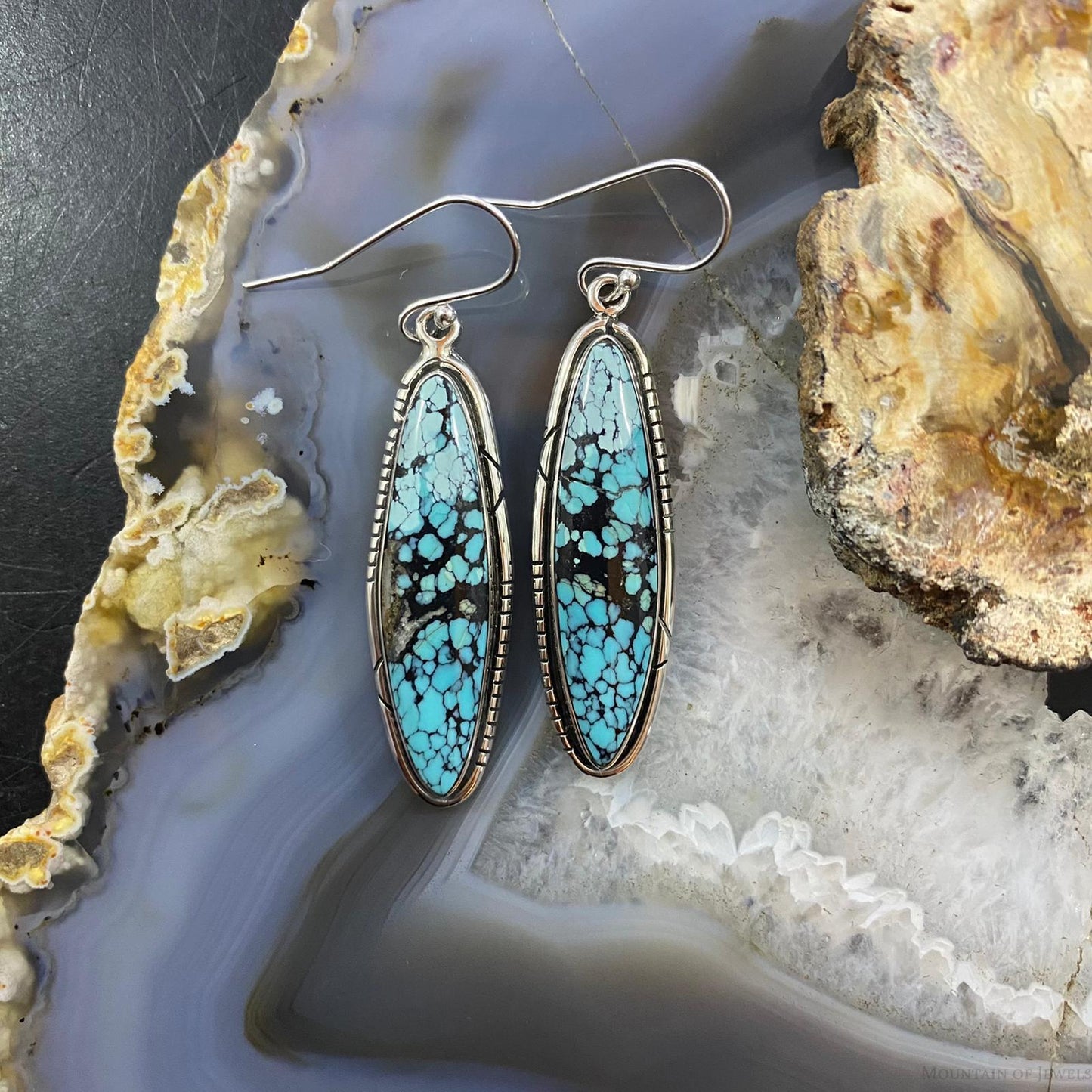 Native American Sterling Silver Marquise Chinese Turquoise Dangle Earrings