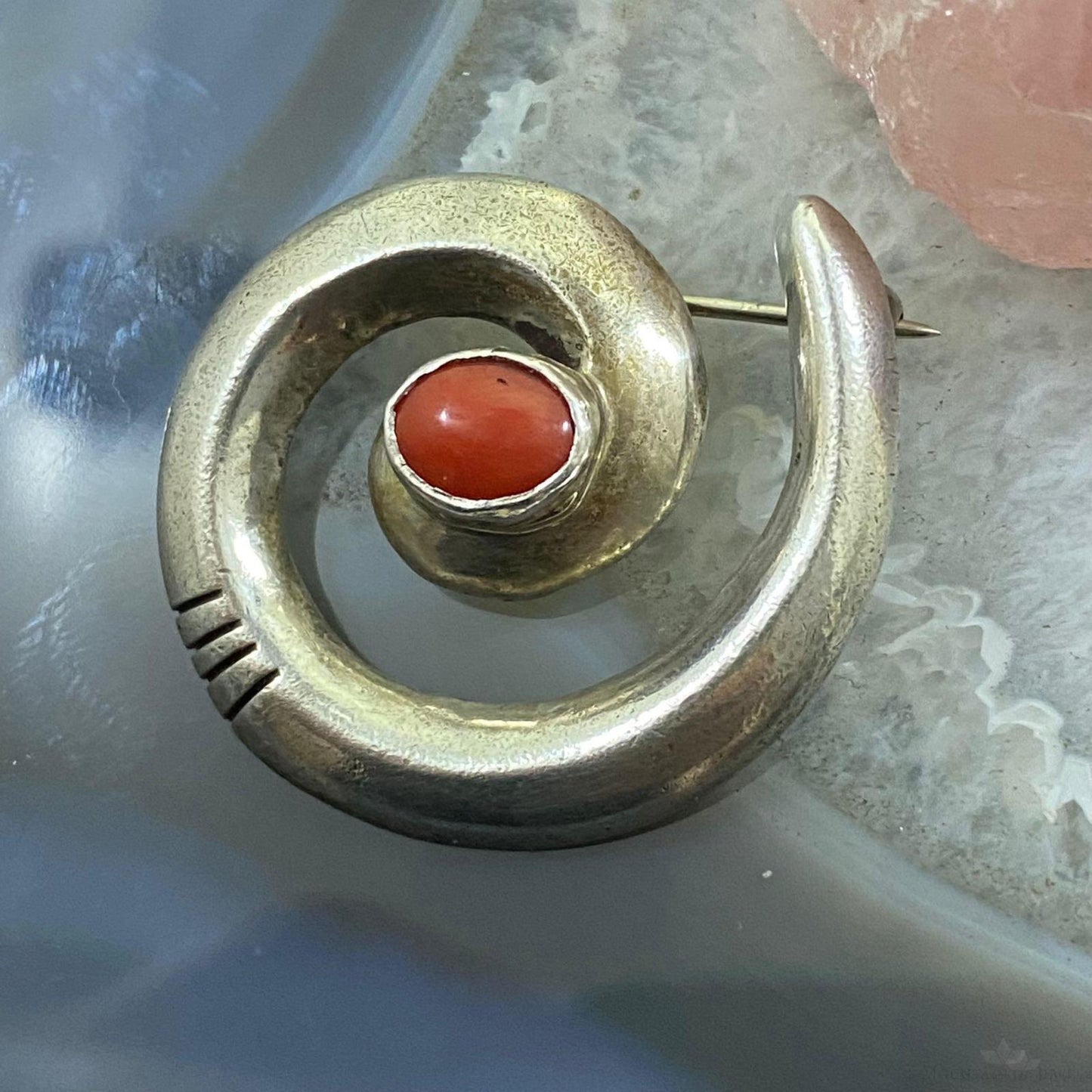 Vintage Native American Sterling Silver SandCast "Circle of Life" w/Coral Brooch