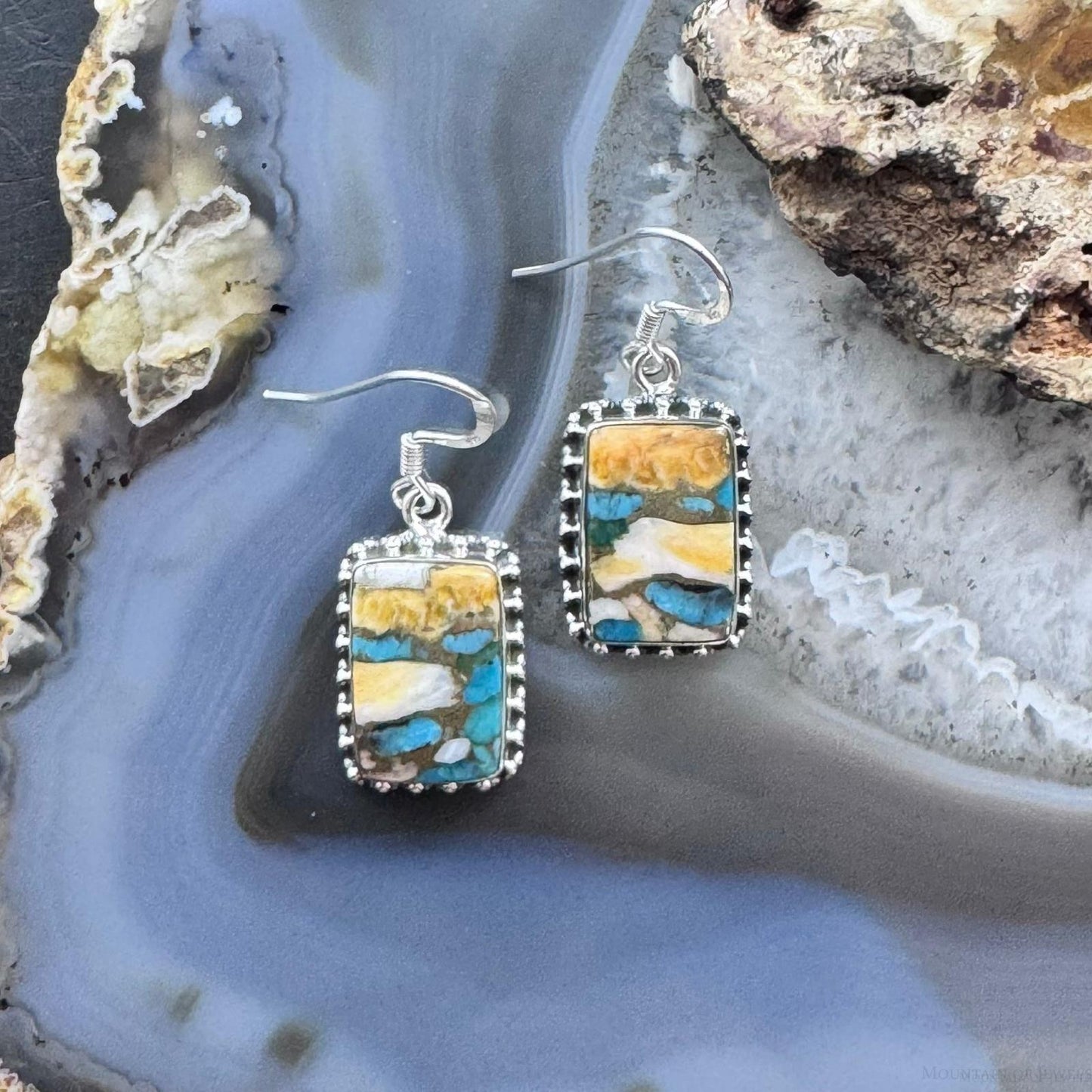 Sterling Silver Southwestern Style Rectangle Spiny Oyster Turquoise Dangle Earrings For Women