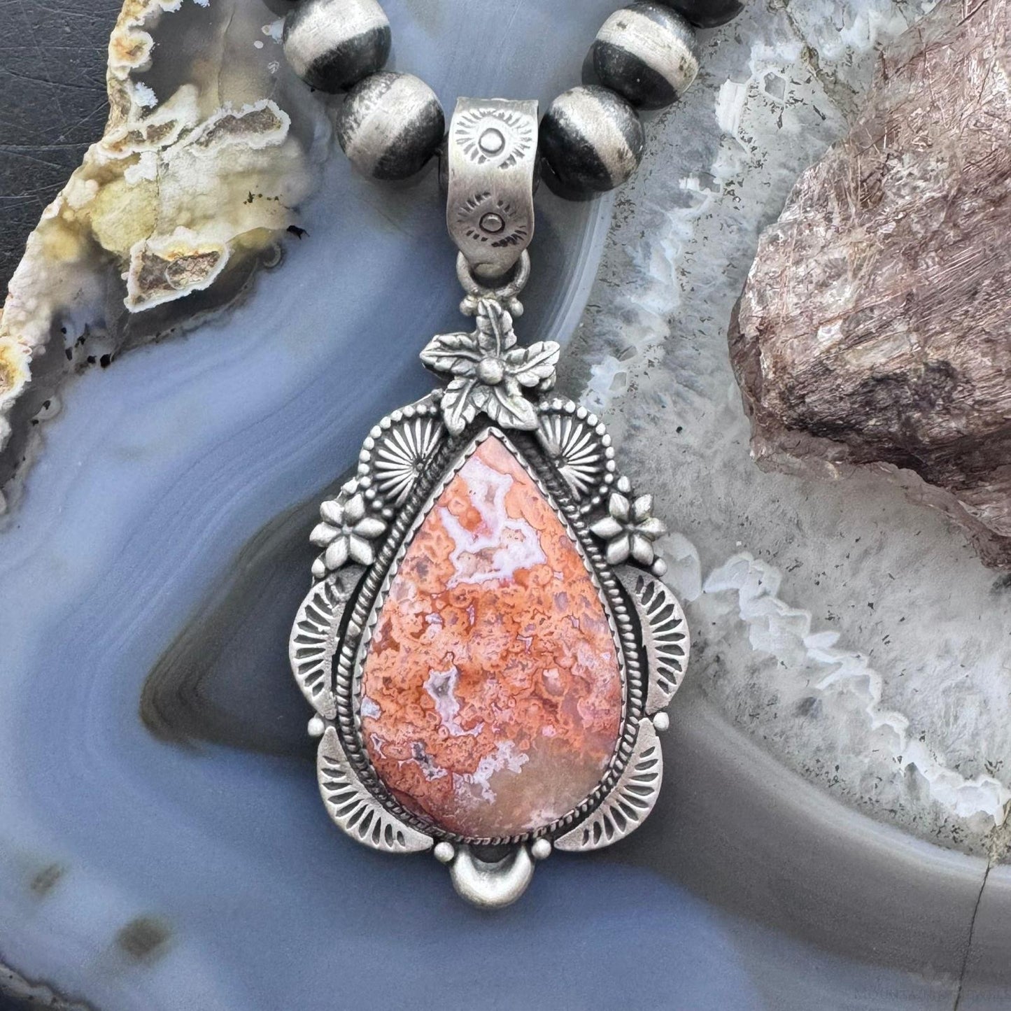 Sterling Silver Southwestern Style Teardrop Red Plum Decorated Pendant For Women