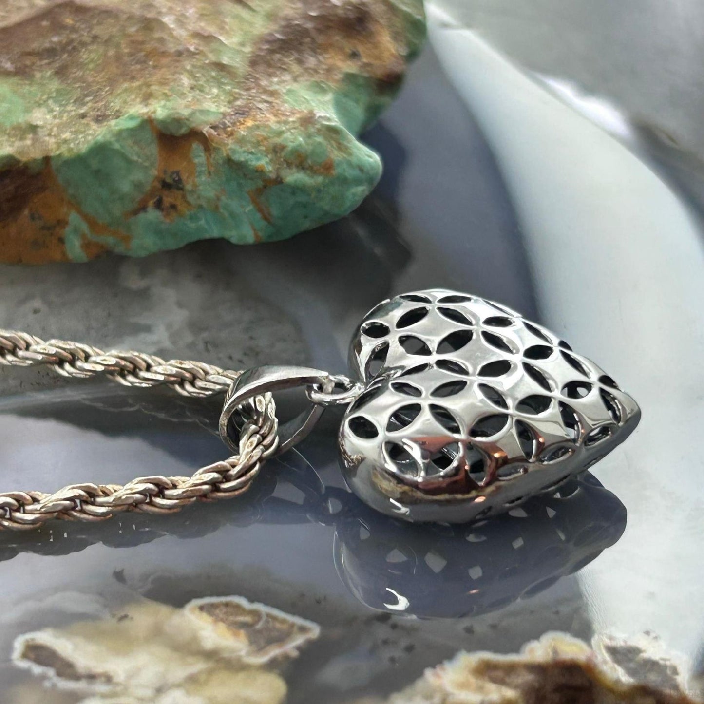 Sterling Silver Lattice Cut Out Hollowed Heart Pendant For Women
